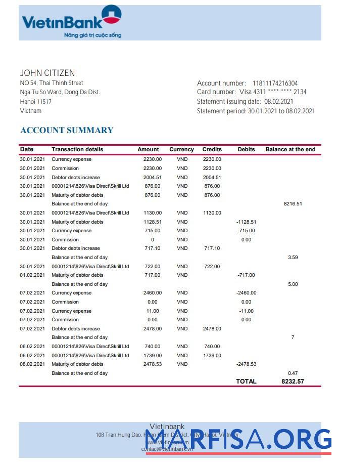Blank Vietnam Vietinbank statement excel sample